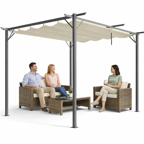 BAKAJI Gazebo Pergola Beige con Telo Retrattile in Poliestere Impermeabile e Anti UV, Struttura Resistente alle Intemperie, Ideale per Esterno, Giardino, Terrazzo, Patio, Ristorante, Bar (3 x 3 Metri)