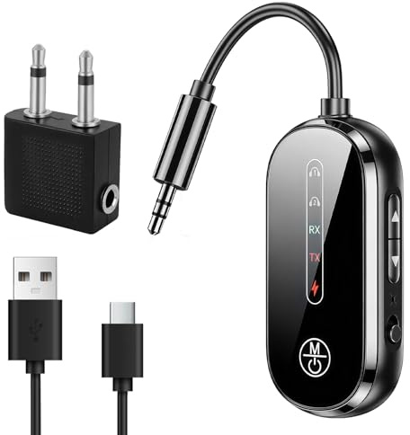 Transmisor Receptor Bluetooth 5.4 2 en 1 AUX 3.5mm para Avión TV Coche | Adaptador inalámbrico TX/RX con doble conexión, pantalla HD, 14H batería, manos libres y audio sin cables en cualquier lugar