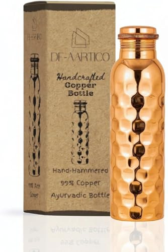 Bouteille d'eau en cuivre de 1 litre (34 oz) - Récipient ayurvédique martelé pour l'hydratation, très grande taille, bienfaits pour la santé, détoxification naturelle