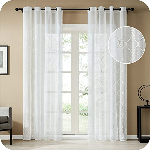 Topfinel Voile Gardinen mit Ösen Kariert Vorhänge Dekoschal mit Stickerei für Wohnzimmer Schlafzimmer 2er Set je 245x140cm (HxB) Weiß