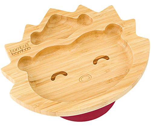 bamboo bamboo Babyteller und Kleinkinderteller, Saugteller zum Füttern und Abstillen, Bambus-Igelteller mit sicherem Saugnapf, Saugteller für Babys ab 6 Monaten (Igel, Kirsche)