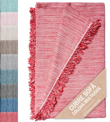 Couvre-lit multi-usages : Plaid Sofa, Plaid Foulard, Couvre-canapé, Foulard pour canapés en coton et autres fibres. Fabriqué en Espagne. Housses de canapé (Rouge chiné, 180x260cm.)