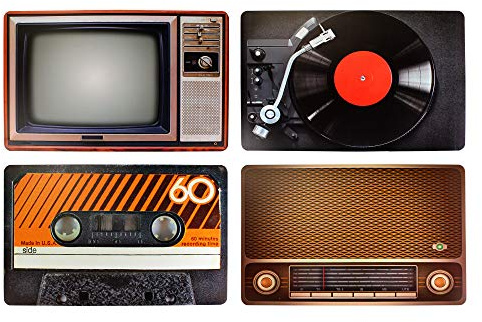 Monsterzeug 4X Retro Tischsets im Vintage-Stil, Tischdekoration und nützliches Küchenaccessoire, Kassette, Schallplatte, Radio und Fernseher, 45 x 28 cm
