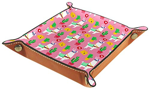 ZORE_FINE5 Faltbare Würfelspiel-Tablett, Leder, quadratisch, Schmucktabletts und Uhr, Schlüssel, Münzen, Süßigkeiten, 11,5 cm, rosa Alpaka-Lama