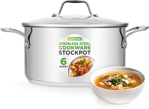 NutriChef Large Stainless Steel Stock Pot with Lid - Big Soup Pot, Heavy Cooking Pot with Glass Lid - Stew Pot, Cookware Induction Pot, Mirror Finish Stockpot, Deep Casserole Pot, 6-Qt / 5.7 Litre