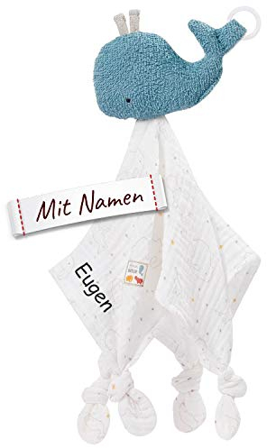 Fehn Schmusetuch Wal mit Namen bestickt, FehnNatur BIO-Baumwolle Deluxe Baby & Kinder Schnuffeltuch personalisiert, Baby & Kleinkinder Spielkamerad Stofftier-Kuscheltuch Einschlafhilfe