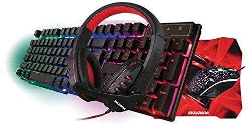 SYLVANIA SGKS100 Juego de juegos 4 en 1 con teclado, ratón, auriculares y alfombrilla de ratón para PC con Windows