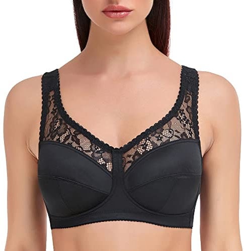 Ayigedu UK Plus Size Minimiser Bra Women Non-Wired Non-Padded Full Coverage Soft Cup Bra 44-E Black