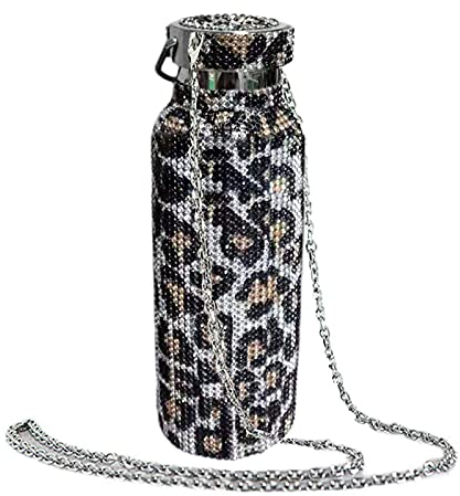 Tuelaly Borraccia con Diamante da 350 Ml/500 Ml/750 Ml, Bottiglia Termica con Brillantini Isolati con Strass, Tazze Termiche per Bevande Calde A Tenuta Stagna (Catena Inclusa). Leopard Golden 750ml