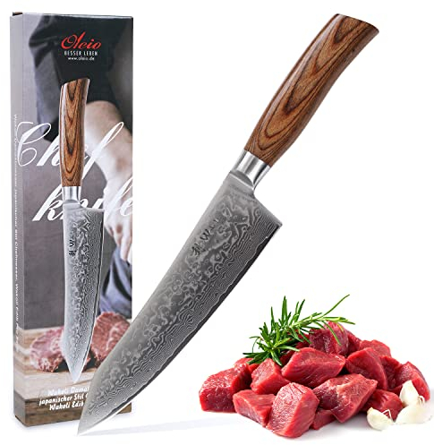 Wakoli EDIB Pro Damast Kiritsuke Chefmesser – 20 cm Profi Kochmesser aus 67 Lagen Damaststahl mit VG10-Kern, ergonomischer Pakkaholzgriff, für Fleisch, Gemüse & Fisch, Geschenkbox