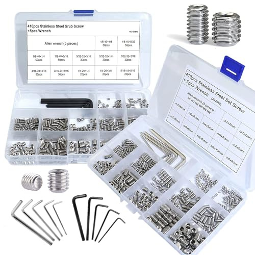 EilxMag 830pcs Set Screw Assortment Kit, Standard SAE + Metric Allen Head Socket Hex Grub Set Screws, Stainless Steel Set Screws for Bathroom Fixtures, Door Handles (M3-M8, 1/8-40 to 5/16-18)