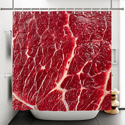 Bovlleetd Duschvorhang 180x180 cm mit Rohem Fleisch Steak Rindfleisch Lebhaftes Rohes Essen Halloween-Duschvorhang, Wasserdicht, Waschbar Polyester Badevorhänge mit 12 Haken für Badezimmer, Badewanne