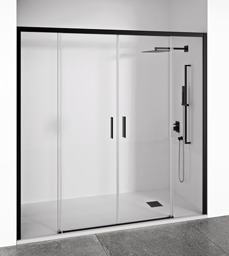 Mampara de ducha frontal 2 hojas correderas + 2 fijos sin perfilería inferior - Transparente - Cristal templado 6 mm Antical - Perfilería Negro Mate - Ancho adaptable 170-175 cm - Alto 195 cm - EIRE