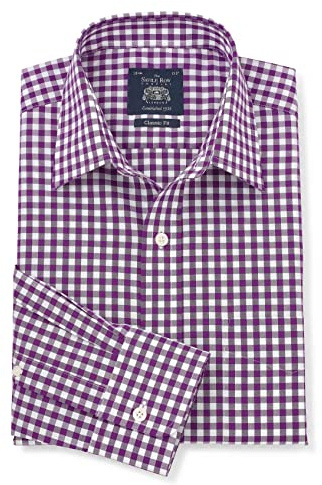 THE SAVILE ROW COMPANY LONDON Men's Classic Fit Cotton Poplin Long Sleeve Formal Shirt - Single Cuff - Purple Gingham Check - 19.5 Collar - Standard