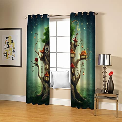 3D Vorhang Cartoon-Märchen-Baumhaus 220(B)X215(H) Cm Blickdichte Vorhänge Schlafzimmer Wohnzimmer Dekoration Isolierung Lärmschutzvorhänge Kinderzimmer Für Jungen Und Mädchen Hotel-Büro-Restaurant
