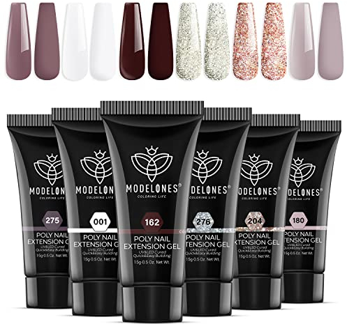 Modelones Polygel Pailleté 6 Couleurs 15 ml Polygel Extension pour Ongles Faux Ongles Blanc Rose Construction Vernis Semi Permanent Quick Building Extender Gel Complet pour Manucure Nail Art Debutant