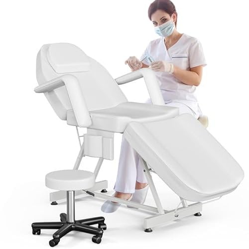 ONPNO Salon Beauty Bed with Hydraulic Stool, Adjustable 3-Section Massage Table w/Detachable Head Cushion, Professional Tattoo Chair, Facial Lash bed for Client/Esthetician, White