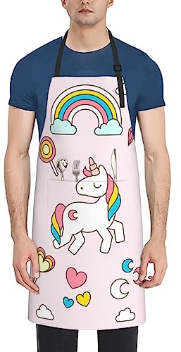 UNIOND Schürze mit Einhorn-Motiv, verstellbarer Hals, wasserdicht, Küchenschürze zum Kochen, Grillen, Rosa, Schwarz , One size
