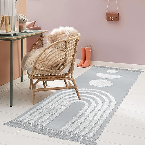 LINROMIA Teppich Läufer Flur 60x150 cm, Boho Grau Regenbogen Getuftet Baumwollteppich mit Gewebt Quasten, Waschbarer Teppich für Badezimmer Küche Wohnzimmer Schlafzimmer Flur Esszimmer