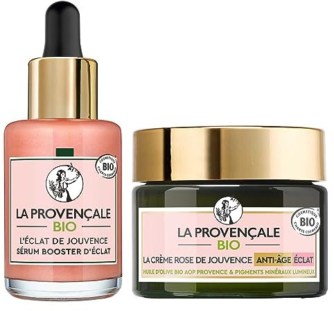 La Provençale Bio - Routine Rose Peau Éclatante - Sérum L'Éclat de Jouvence + Crème Rose de Jouvence - Soin Visage Certifié Bio - Unifie, Repulpe & Réactive l'Éclat - Tous Types de Peaux
