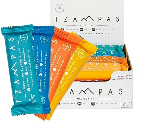 Best of TZAMPAS Mix Box Groß (16x40g) - Energieriegel aus gerösteter Gerste in der Snack Box - Power Riegel | Energieriegel geeignet für Radsport und Trailrunning - Bio Riegel vegan & ohne Zusätze