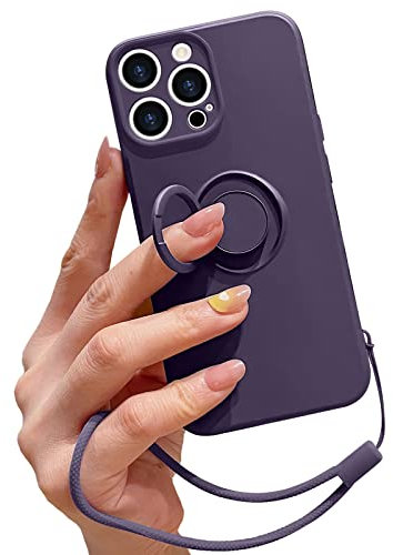 Pepmune Compatible with iPhone 15 Pro Case Liquid Silicone with Ring Holder,Detachable Wrist Strap,Magnetic Car Mount Kickstand,Shockproof Cover Protective Phone Case-Dark Purple