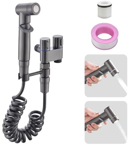 1-in-2-Out Dual Control Valve Mini WC Wasserhahn Sprayer Kit Butt Washer, Multifunktionale Hand-Bidet-Spray Badezimmer Windel Dusche, Spray, Schlauch und Zubehör (Grau)