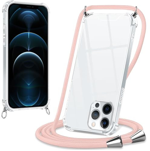 Xylota Coque avec Cordon pour iPhone 12 Pro Max 6,7, Etui avec Collier Réglable Tour de Cou Lanière Corde Lanyard, Transparente Silicone Souple TPU + PC Case Antichoc Protection Housse Cover,Or Rose