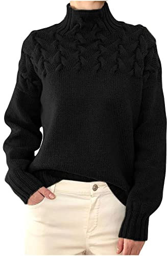 RLEHJN Cable Knit Jumper Women UK Clearance Chunky Knit Jumpers Plain Turtleneck Sweater High Neck Knitted Jumpers Solid Color Knit Tops Long Sleeve Pullover Knitwear Ladies Jumpers