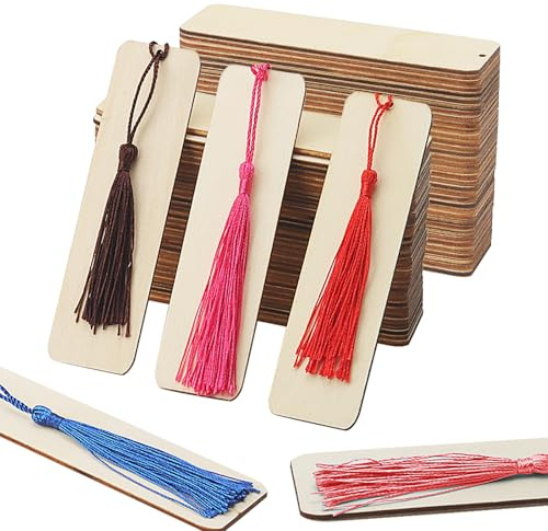 MAHIONG 72 Stück Holz-Lesezeichen, 12 x 3,2 cm, rechteckig, blanko, Holz-Lesezeichen-Set mit Löchern und 72 bunten Quasten, Holzanhänger zum Aufhängen, für Bastelarbeiten, Weihnachten,