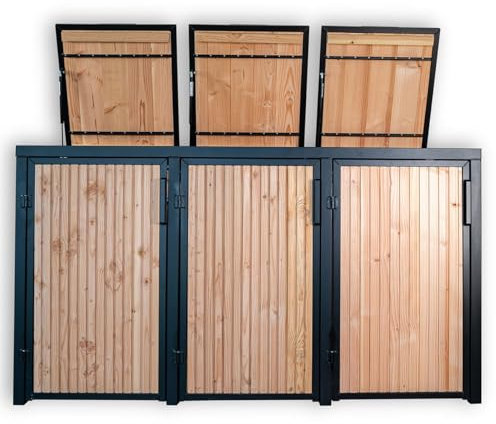 TitanCrafts Mülltonnenbox 3 Tonnen - Deluxe - Mülltonnenverkleidung aus Stahl und Holz mit Gasdruckfeder - Aufbewahrungsbox für 3 Müllboxen - 80x206x113cm (LxBxH) - Anthrazit