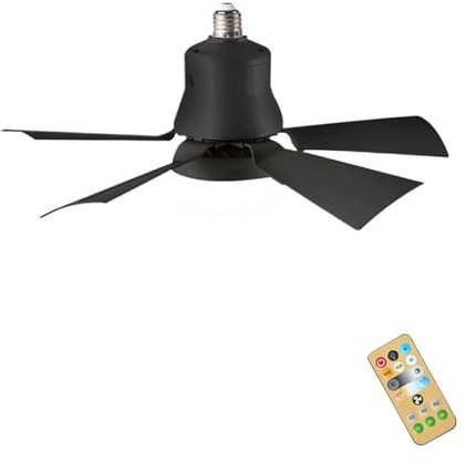 kawehiop Small Modern Ceiling Fan with Lights and Remote E27 Base, 3 Speed Wind Adjustment Dimmable Socket LED Fan Light for Bedrooms, Kitchens, Studios, Black(Without Extension Rod)