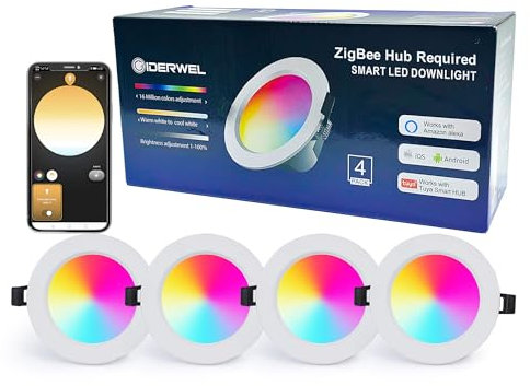 ZigBee Smart RGBWW LED Einbaustrahler Kompatibel mit Hub Bridge Echo Plus,APP/Alexa Sprachsteuerung Dimmbar(3000K-6000K) RGBCCT ZIGBEE LED Downlight Nachrüsten für Decken-Ambientebeleuchtung(4 Pack)