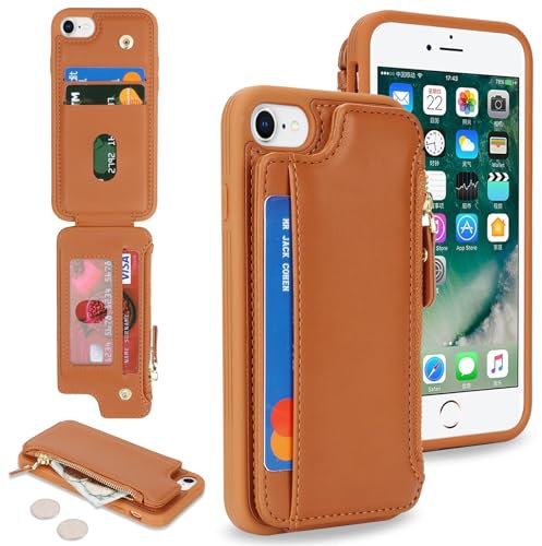SailorTech per iPhone SE 2020/SE 2022 Custodia per telefono con porta carte di credito per uomo, iPhone 7/8/SE2/SE3 Custodia con slot per carte di credito Portafoglio Zipper per donna-Marrone