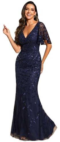 Ever-Pretty Women's Elegant Mermaid Ruffle Sleeve V Neck Shiny Maxi Bridesmaid Dresses Navy Blue 14UK