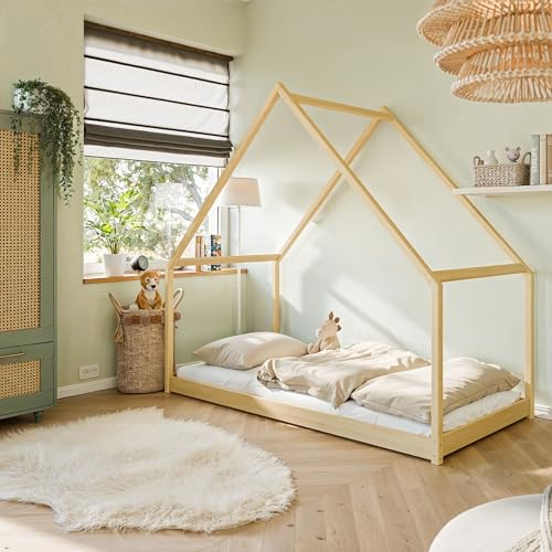 Kids Collective Hausbett Kinderbett 90x200 cm Bett mit Lattenrost Bed Kinder Jugendbett Einzelbett Spielbett Bodenbett Hausbett Himmel | Natur Junge Mädchen | von 4. bis 18. Lebensjahr