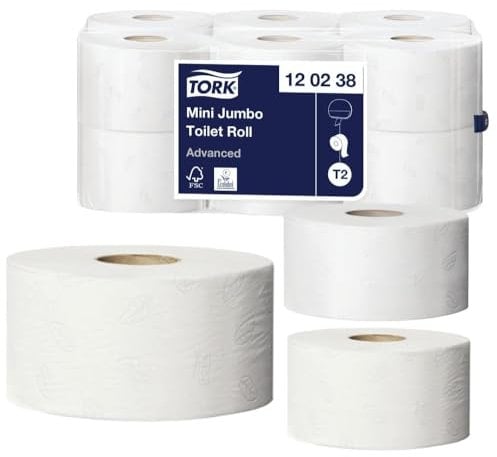 12 x Mini Jumbo Toilet Tissue Rolls T2 Advanced 2-Ply Soft White 170m