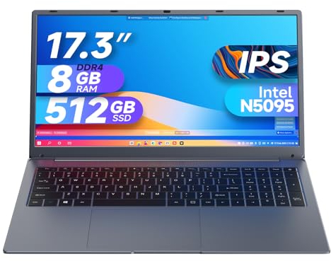 IJKKJI 17 Zoll Laptop, 8 GB RAM 512 GB SSD Laptop mit Celeron Quad Core N5095 (bis zu 2,9 GHz), deutsche Tastatur, IPS FHD-Display, Webcam, Dual-WLAN, Bluetooth 4.2, HDMI, USB 3.0, Typ-C