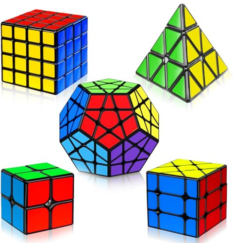 AuntyFey 5 Pack Magic Speed Cube Set - 2x2, 3x3, 4x4, Triangle Megaminx Speed Cubes for Kids & Adults