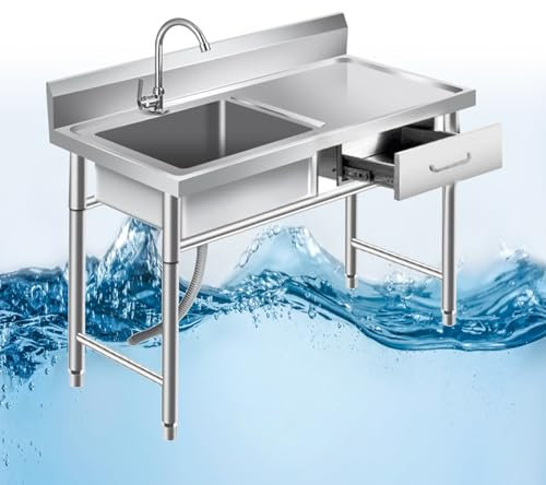 Évier portable en acier inoxydable avec tiroir, lavabo utilitaire autonome pour intérieur et extérieur – Établi et étagères de rangement, robinet inclus
