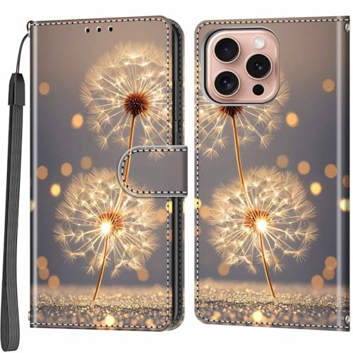 Salanheo Wallet Case for iPhone 16 Pro, Golden dandelion | Card Slots, Kickstand, Shockproof, Magnetic Closure, PU Leather, Flip Wallet Book, Lanyard Strap