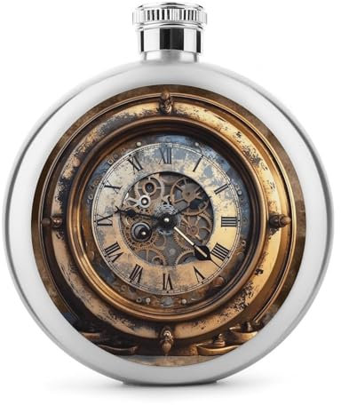 Edelstahl-Flachmann, Steampunk-Uhr-Druck, Metallflasche, klassischer Flachmann, Taschenflasche, Flachmann, Reiseflasche, tragbarer Likör-Flachmann