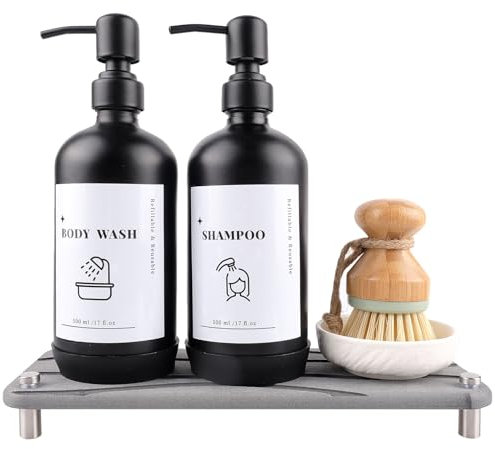 ILIKEPOW Distributeurs de Savon en Verre, 500ml Distributeur Savon Liquide avec Pompe, Brosse, Plateau et Autocollants, Distributeur de Vaisselle, Shampoing, Gel Douche, Salle de Bain Cuisine,Noir Mat