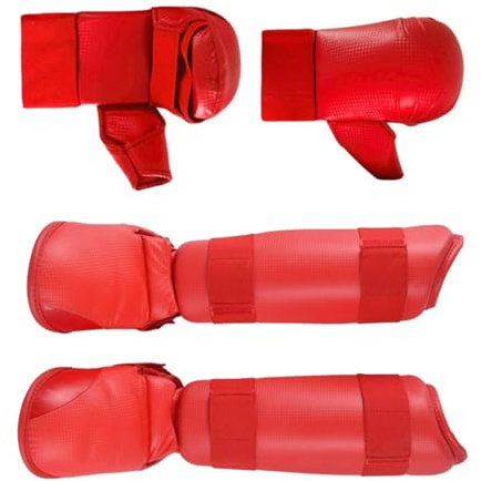 Perfeclan Karate-Sparring-Ausrüstungsset, Boxhandschuhe, Schienbeinschoner, Taekwondo-Trainings-Schlagpratzen, Schlaghandschuhe, Ausrüstung für MMA-Sparring, Rot, L