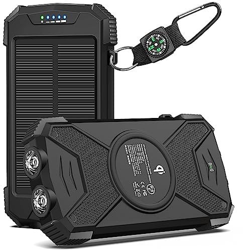 Batterie Externe Solaire Banque de Puissance 10000mAh Chargeur Solaire pour randonnée, Chargeur Rapide sans Fil Qi pour Telephone, Interface USB Compatible avec Les Téléphones, Tablettes