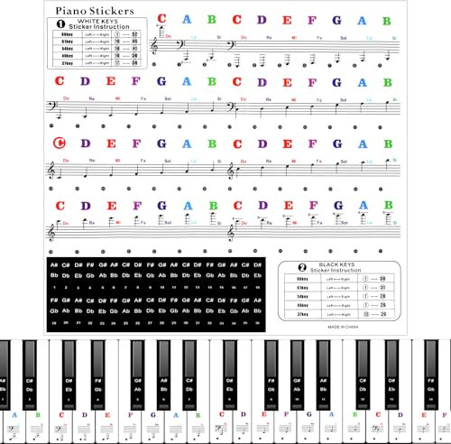 Piano Keyboard Stickers for 88/61/54/49 Key Piano Key Stickers Piano Notes Guide for Learning Transparent and Removable Keyboard Stickers (Colorful)
