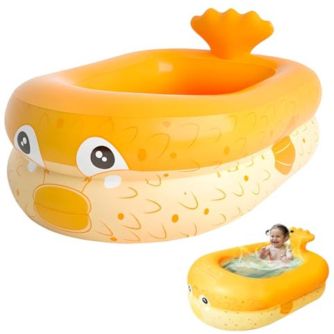 Piscina Hinchable, Piscina Bebe, Piscina Infantil, Piscinas Pequeñas, Flotadores Piscinas Hinchables Pez Globo con Fondo de Burbuja Hinchable de Seguridad para Jardín,Terraza,Playa,Interiore (Naranja)