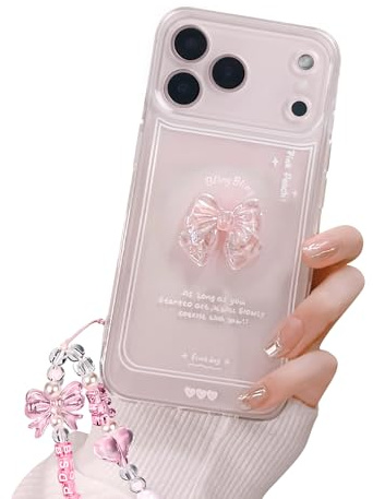 Reownest Kompatibel mit iPhone 17 Pro Max Hülle Cute 3D Rosa Schleife Transparent Aesthetic Süßes Design Handyhülle Frauen Mädchen Teen Girls Kamera Objektiv Schutzhülle + Glitter Bow Crystal Kette