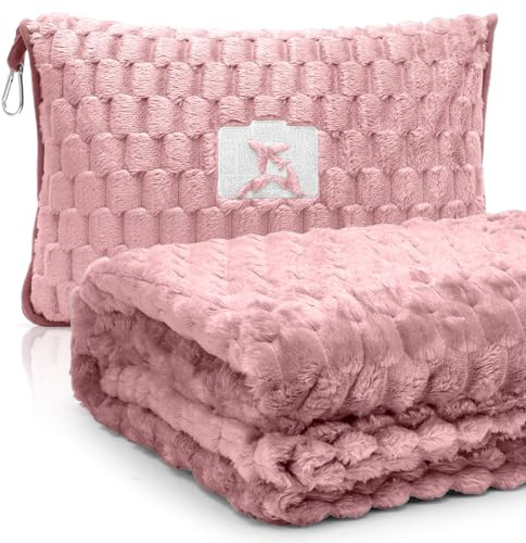 Reisedecke Kissen 2 in 1, Weiche & Warme Flugzeugdecke, Multifunktionales Tragbares Kissen mit Kopfkissenbezug, Kuscheldecke Reisekissen für Flugzeug, Reisen, Büro, Zuhause, 127x152cm (Rosa)