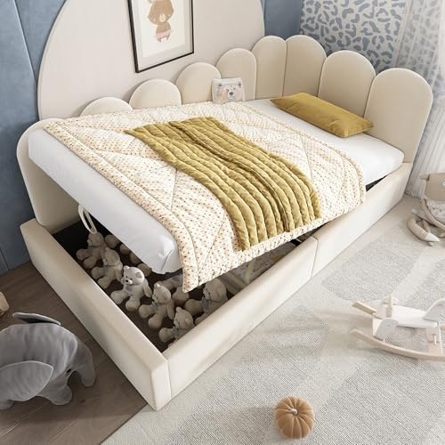 Merax Single Beige Upholstered Bed, 3ft Single Day Bed Ottoman Bed with Hydraulic Storage, with interchangeable Upholstered Fence, Metal Slatted Frame, for Adults Children,Velvet/90x190cm(No Mattress)